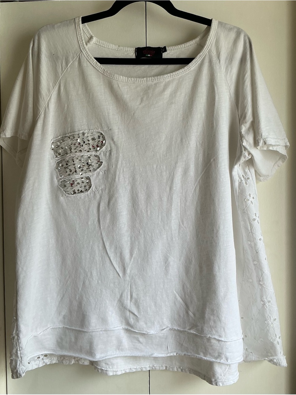 Elissia Made in Italy Sequin and Eyelet Lace Tee White Size XL
